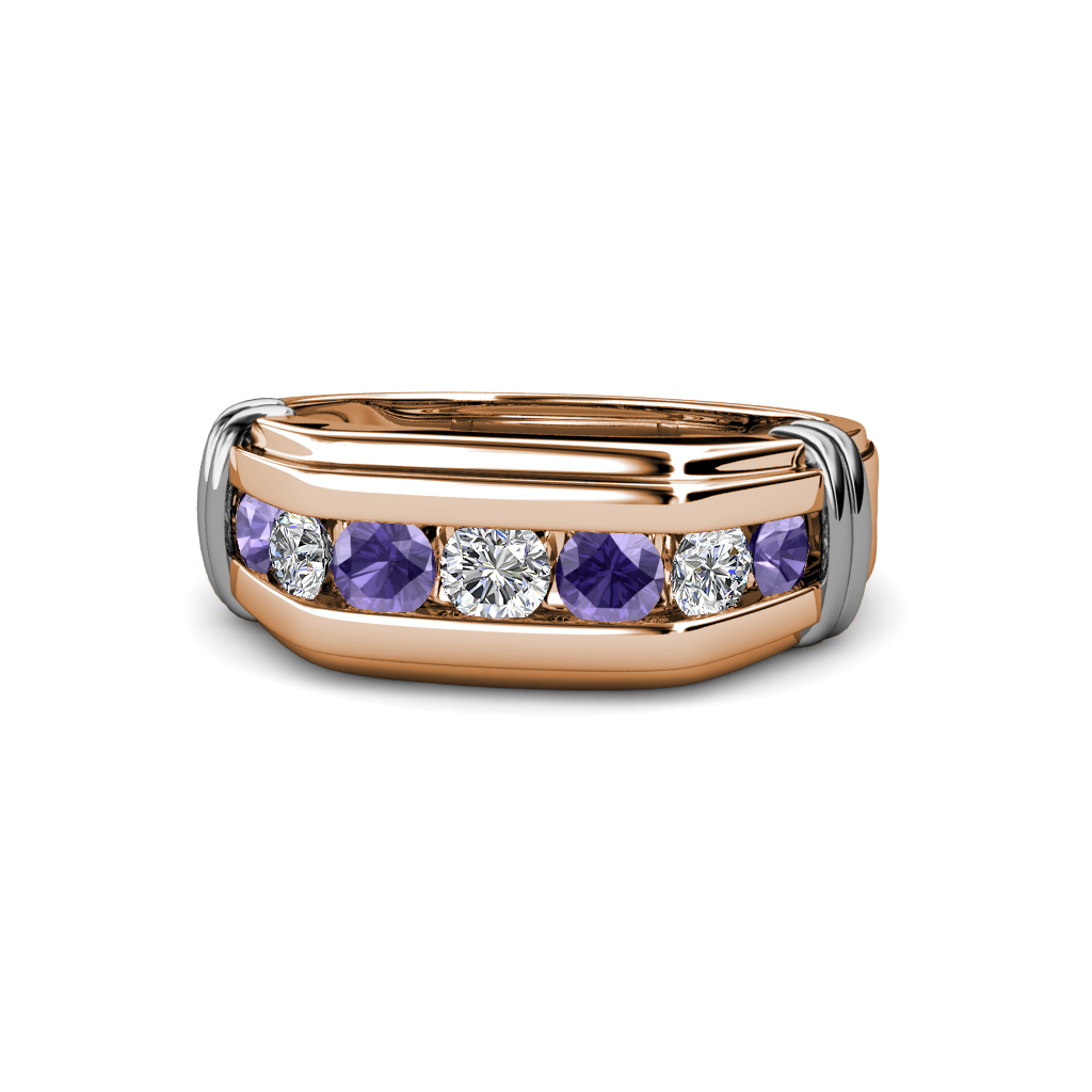 Brad Round Iolite and Diamond 7 Stone Men Wedding Ring (8.5 mm) 